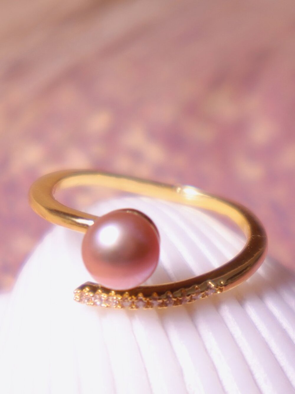 Natural Lavender Freshwater Pearl CZ Adjustable Ring 14K Gold Plated Brass